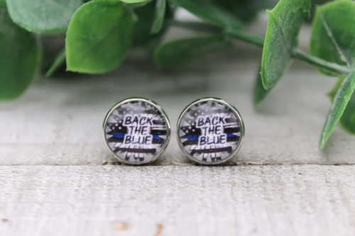 Back The Blue Blue Line Flag Sunflower || Glass Stud Earrings || Hypoallergenic