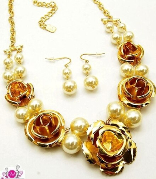 Pearl and Flowers with 2 inch Drop Earrings