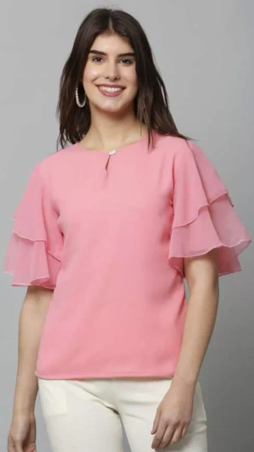 Crew Neck Ruffle Short Sleeve Blouse