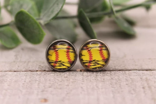 Distressed Softball  Glass Stud Earrings