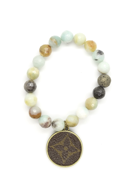 LV Again -Faceted Polished Amazonite Stretch Bracelet With Metallic Gold Lava Bead