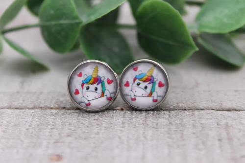 Unicorn & Hearts | Glass Stud Earrings | Hypoallergenic
