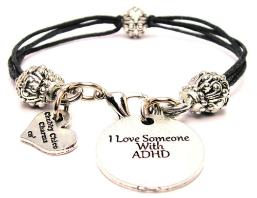 I Love Someone With ADHD Pewter Beaded Black Cord Bracelet