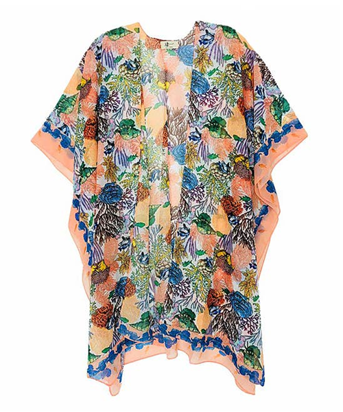 Coral Silk-Blend Sealife Kimono