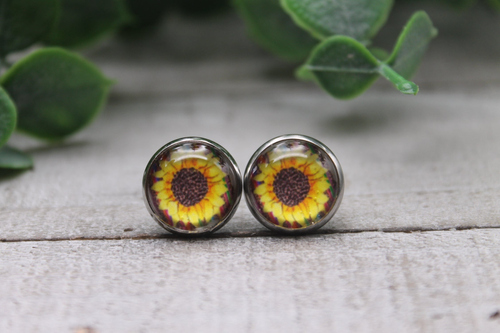 Large Sunflower on Serape  Glass Stud Earrings