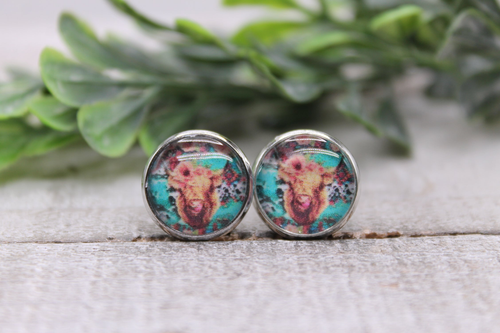 Highland Cow on Turquoise & Cow || 12mm Glass Stud Earrings