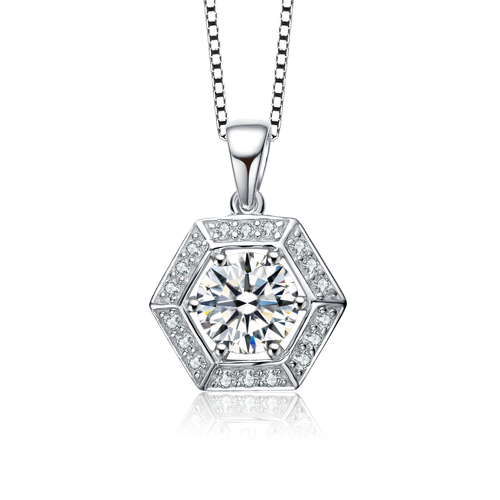 Collette Z Sterling Silver with Rhodium Plated Clear Round Cubic Zirconia Hexagon Drop Necklace