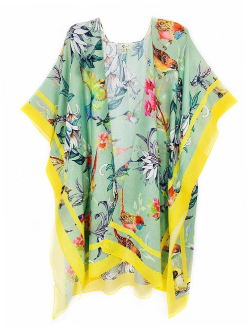 Aqua-Multi Bird Floral Kimono with Border Accent