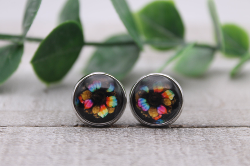 Tie Dye Sunflower || Glass Stud Earrings || Hypoallergenic
