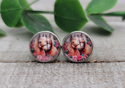 Floral Horses || 12mm Glass Stud Earrings