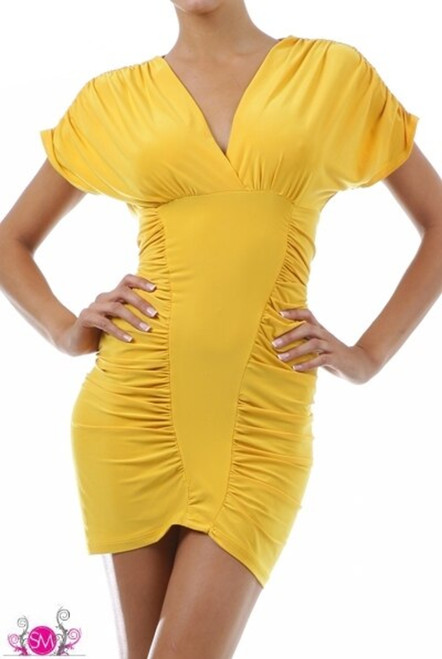 Yellow Sexy Lycra V Neck Mini Dress