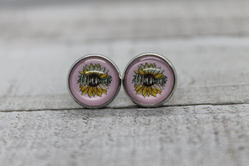Mama Sunflower on Pink  Glass Stud Earrings