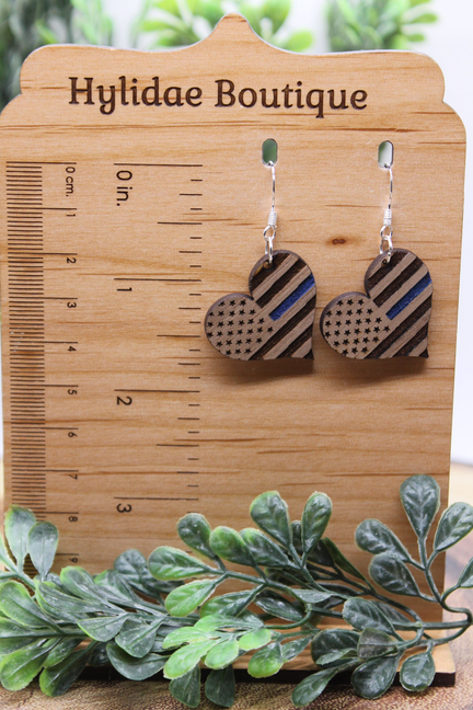 Blue Line Flag Heart || Dangle Earrings