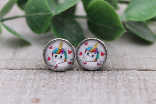 Unicorn & Hearts | Glass Stud Earrings | Hypoallergenic
