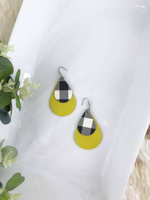 Genuine Yellow and Buffalo Plaid Leather Earrings 