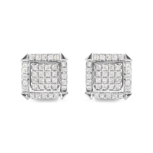 10K White Gold 1 1/10 Cttw Princess Diamond Composite and Halo Stud Earrings (I-J Color, I1-I2 Clarity)