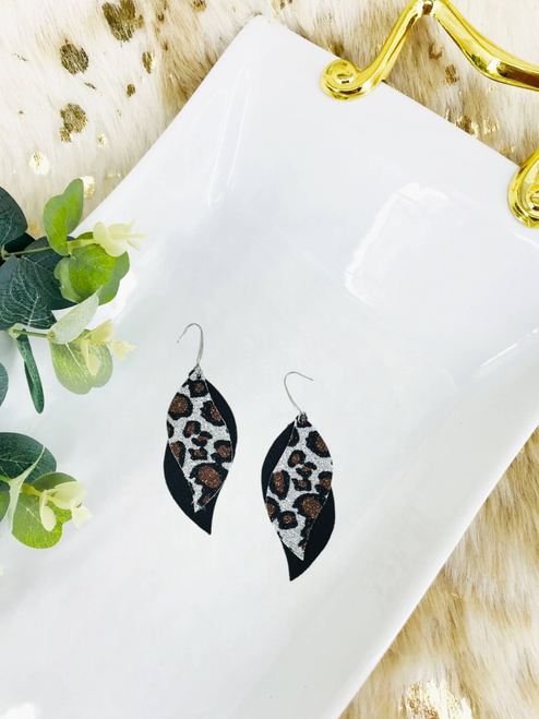 Leather and Glitter Leopard Faux Leather Earrings 