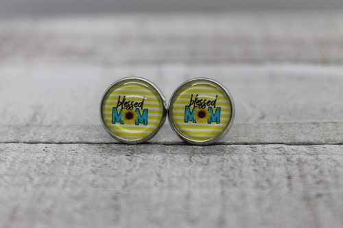 Blessed Mom Yellow Stripes  Glass Stud Earrings