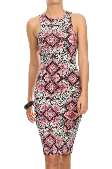 My Basic Racer Back Body-con Fit Tribal Print Midi Dress