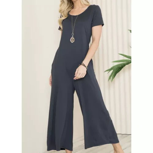 Solid Short Sleeve V Neck Jumpsuit with Low Back