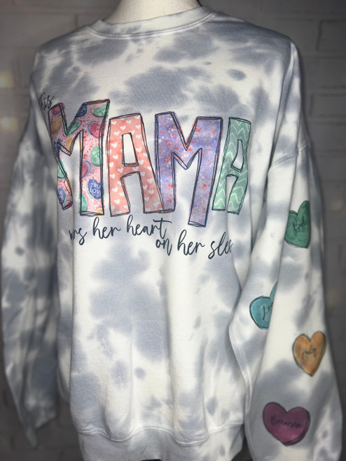 Personalized Mama Conversation Heart Sweatshirt with Sleeve Design- Other titles available 
