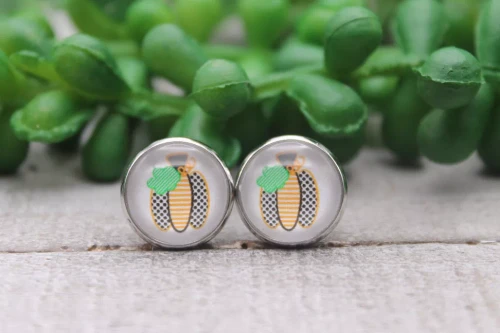 Polka Dot & Stripes Pumpkin || Glass Stud Earrings || Hypoallergenic