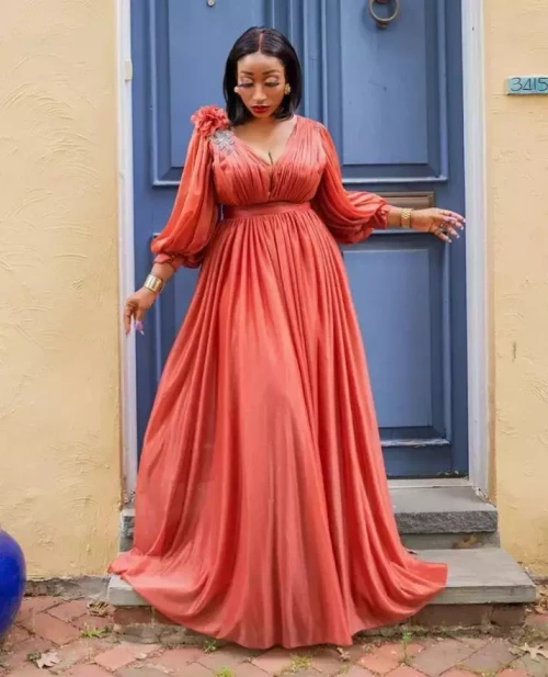 Elegant French Puff Sleeve Evening Gown