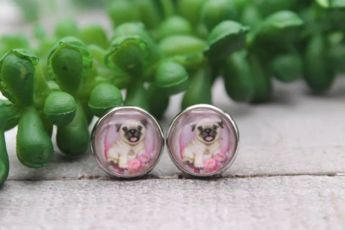 Cute Pug on Pink || Glass Stud Earrings || Hypoallergenic