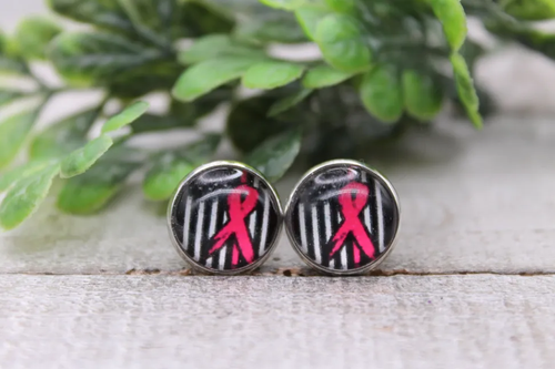 Flag with Pink Ribbon || Stud Earrings || Hypoallergenic