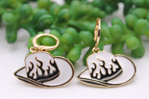 Black Flames Western Hats || Metal French Lever Dangle Earrings