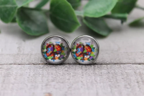 Peace Sign with Flowers  Glass Stud Earrings