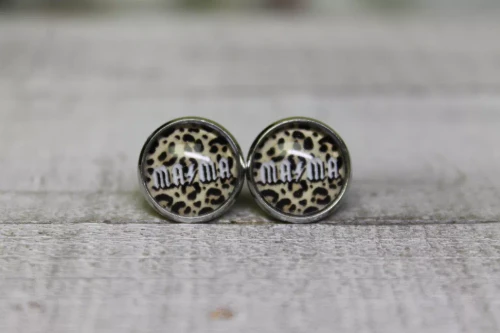 Mama on Leopard Lightning Bolt  Glass Stud Earrings