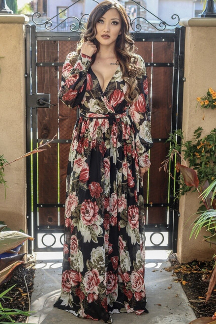 Michal Floral Long Bell Sleeves Maxi Dress in Black