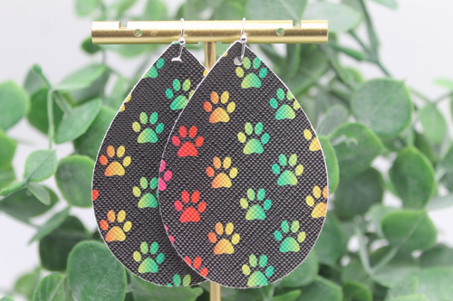 Rainbow Ombre Paw Prints Teardrop Faux Leather Earrings | Hypoallergenic
