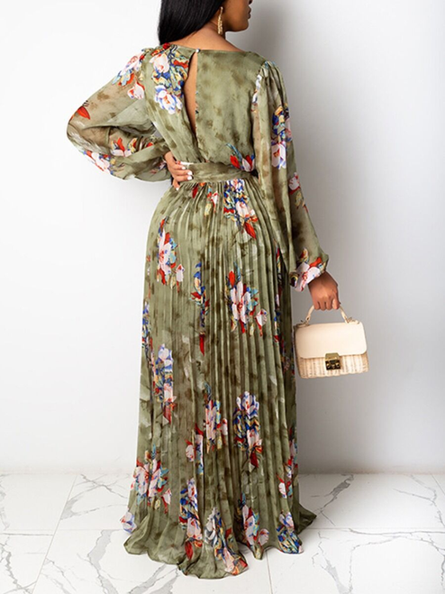 V COLLAR BELTED SHEER SLEEVE FLORAL PRINT PLEATED