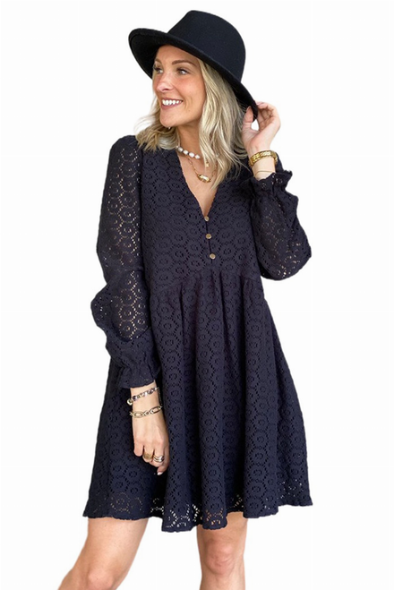 Lace Buttoned Like V-Neck Mini Dress