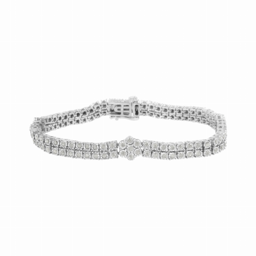 .925 Sterling Silver 2 Carat Total Weight Diamond Double Row and Floral Cluster Tennis Bracelet  - 7.25"