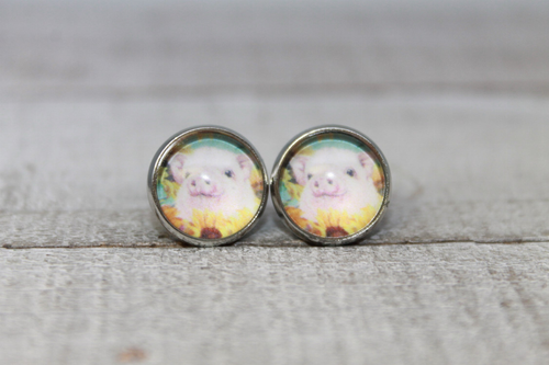 Piggy & Sunflowers  Glass Stud Earrings
