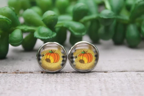 Pumpkin & Sunflower on Gold and Plaid Brushstrokes || Glass Stud Earrings || Hypoallergenic