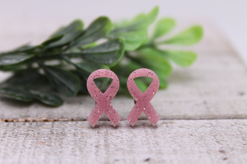 Lt Pink Glitter Breast Cancer Awareness Ribbon || Stud Earrings