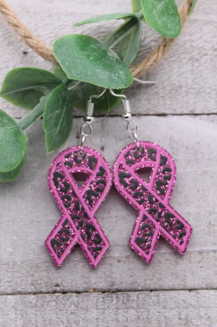 Breast Cancer Awareness Pink Leopard Ribbons Dangle Earrings