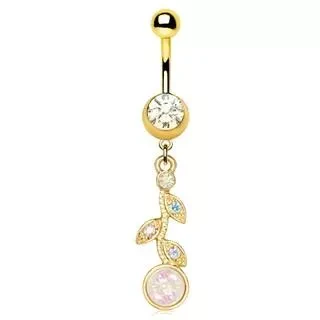 Gold Synthetic Opal Flower Vine Dangle Navel Ring