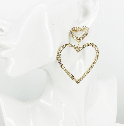 Double Heart Rhinestone Dangle Earrings 