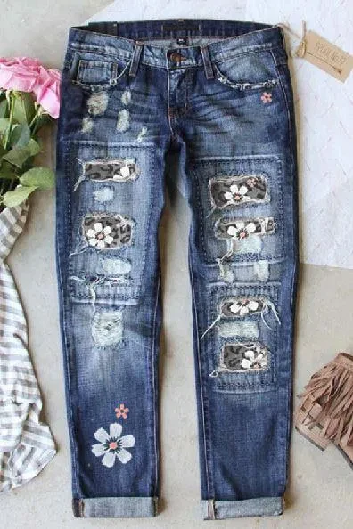 Floral Leopard Print Patchwork Distressed High Waist Jeans