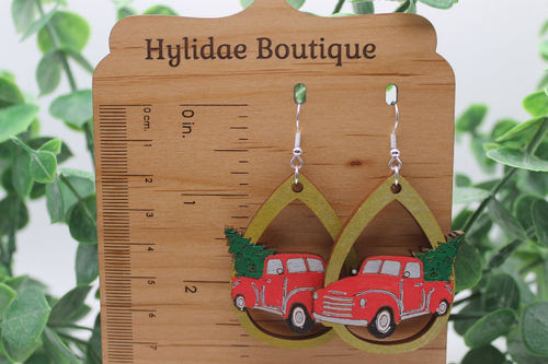 Truck & Christmas Tree || Wood Dangle Earrings || Hypoallergenic