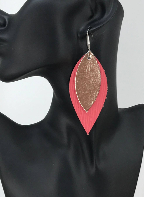 Coral and Rose Gold Leather Earrings 