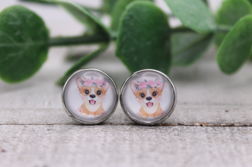 Floral Corgi | Glass Stud Earrings | Hypoallergenic