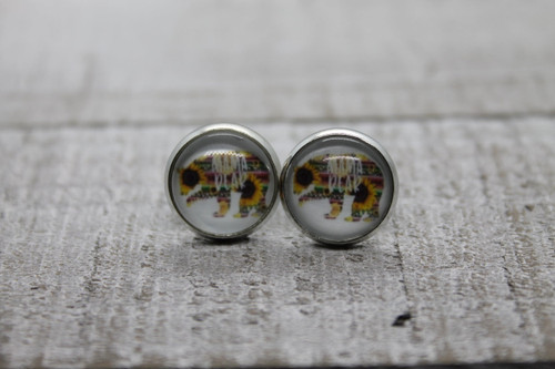 Mama Bear Serape & Sunflowers  Glass Stud Earrings