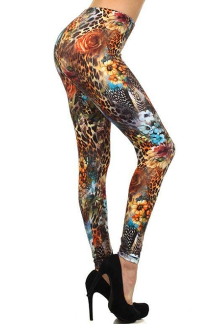 Floral Mix Animal Print Leggings Orange Multi