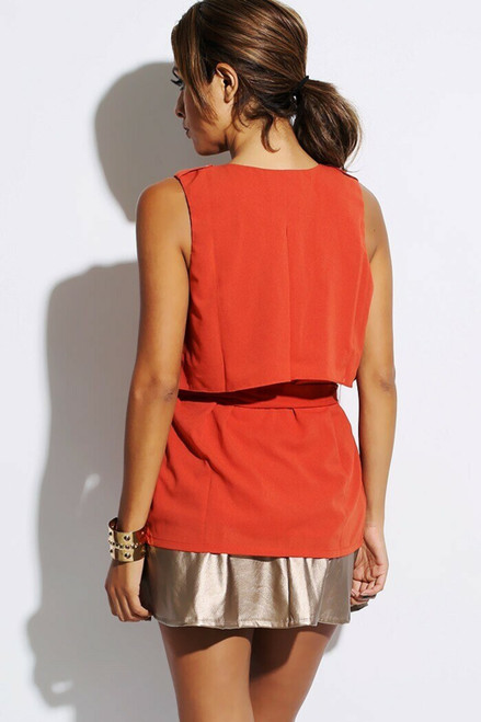 Rust Red Orange Ruffle Double Button Front Sash Tie Tank Top